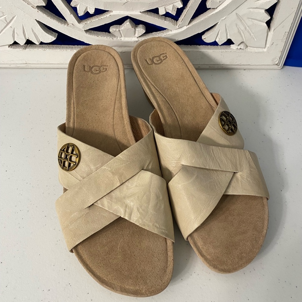 UGG Lyra Tan Leather Lightweight 2” Cork Wedge Heel Sabdals Size 9